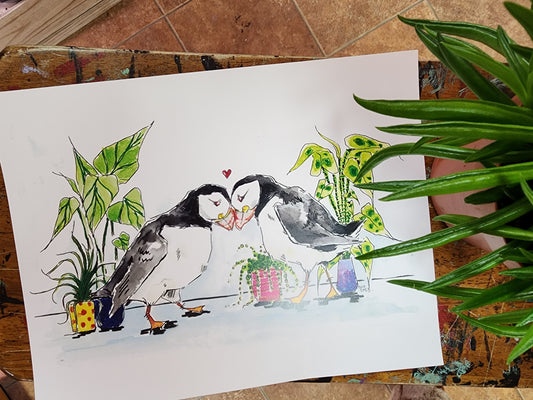 Original Art Print - Puffins + Plants