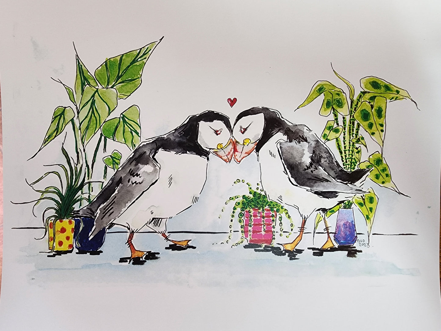 Original Art Print - Puffins + Plants