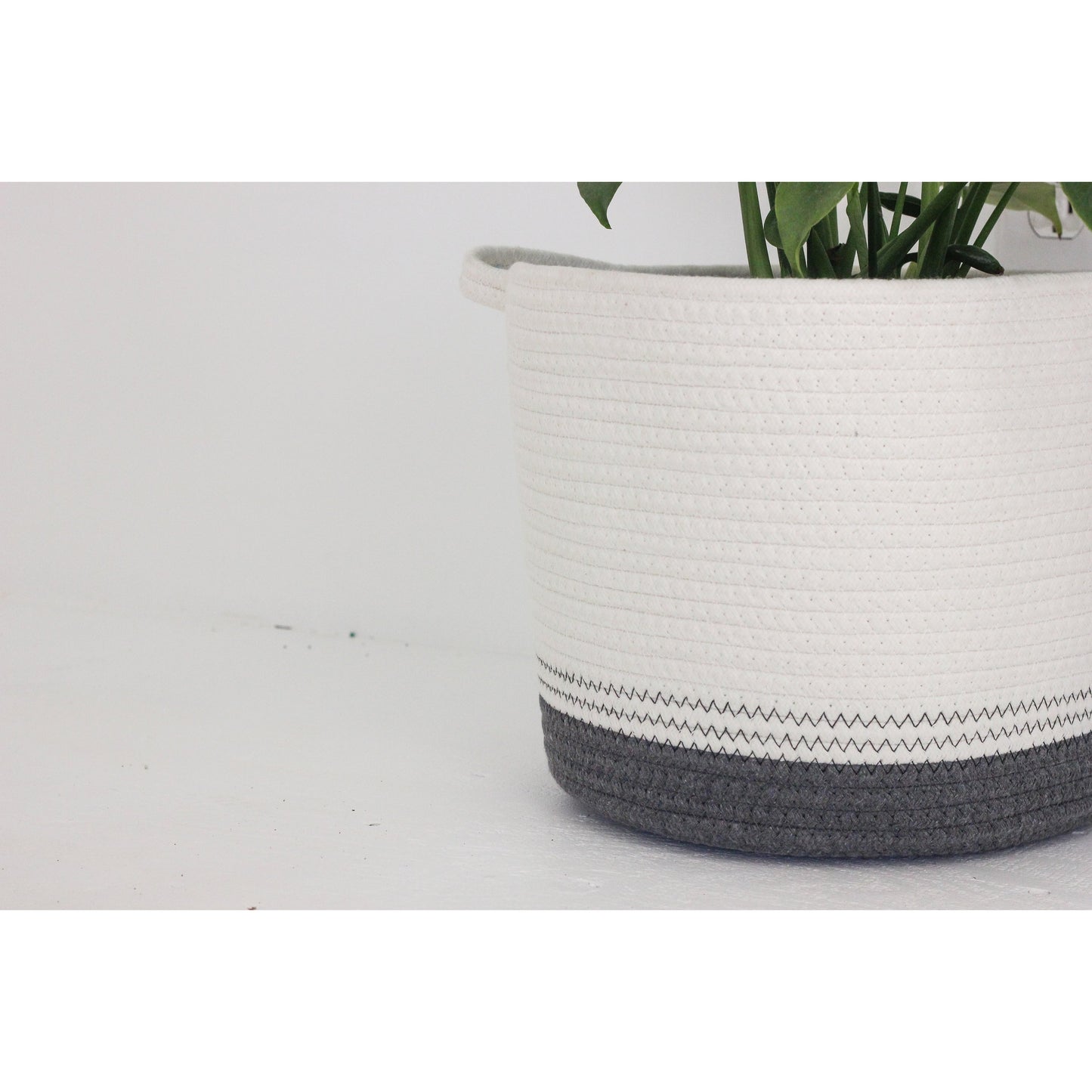 Minimal Dark Grey and White Cotton Rope Blanket Basket - 11"